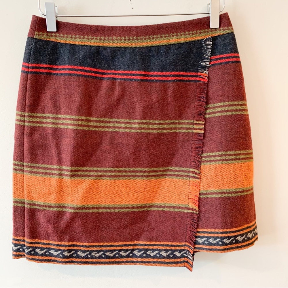 LOFT Wool Wrap Fringe Blanket Skirt Earth Tones
